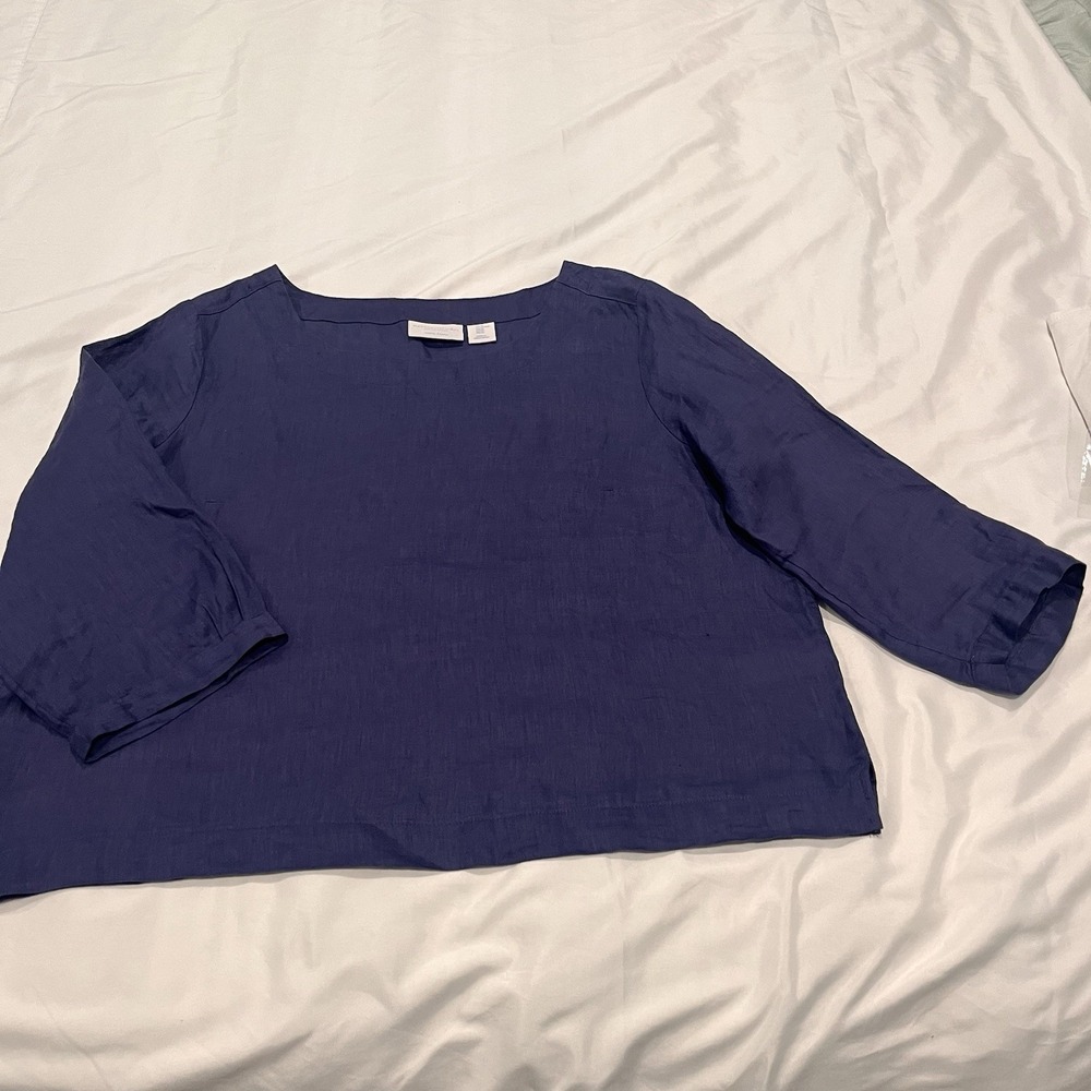Martha Stewart Collection 100% Linen Blouse Size XL Blue 3/4 Sleeves Side Slits